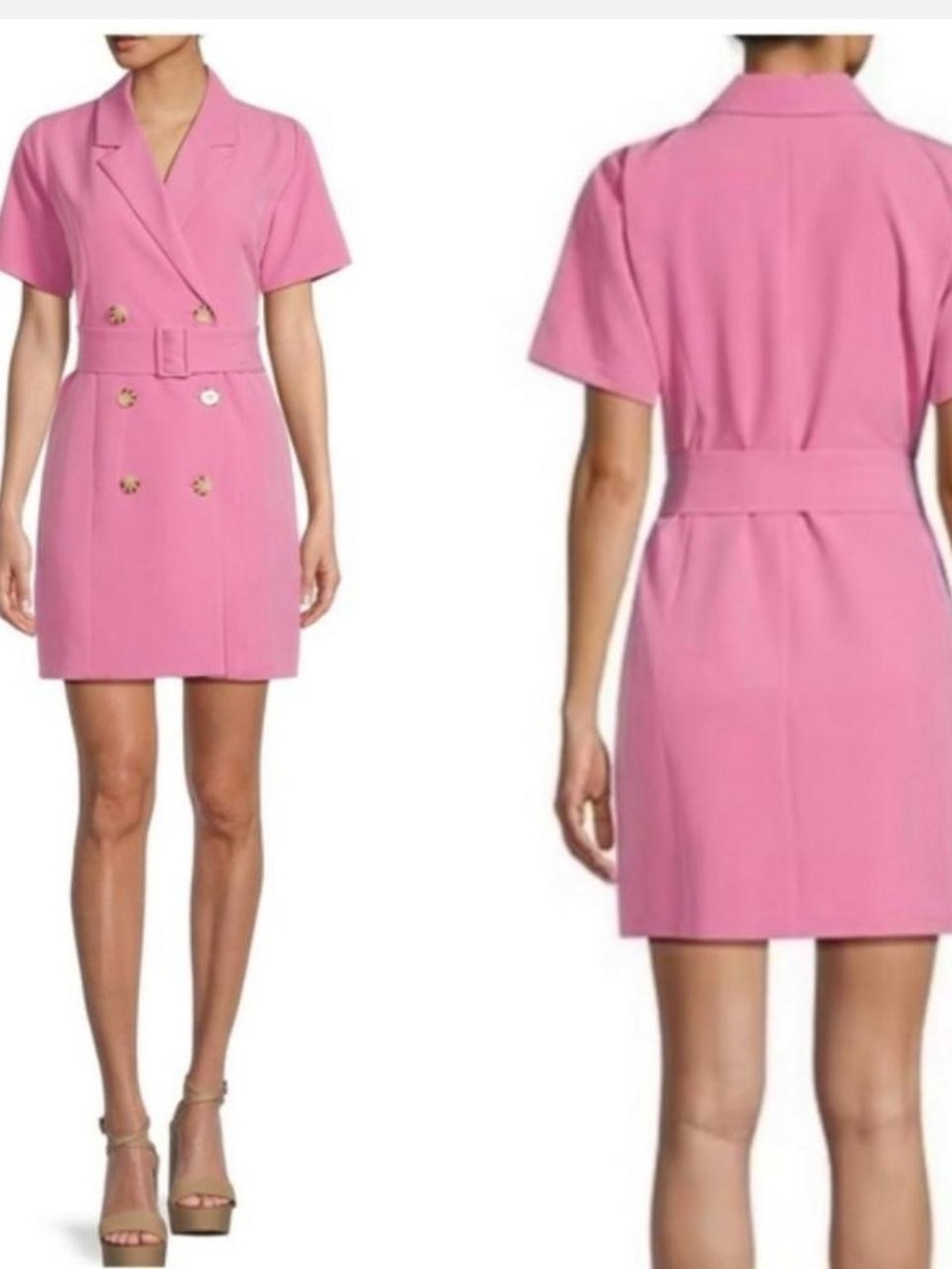 Gianni Bini Pink Short-Sleeve Double-Breasted Belted Mini Dress